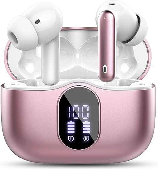 Auriculares inalámbricos rosados con diseño ergonómico y pantalla digital