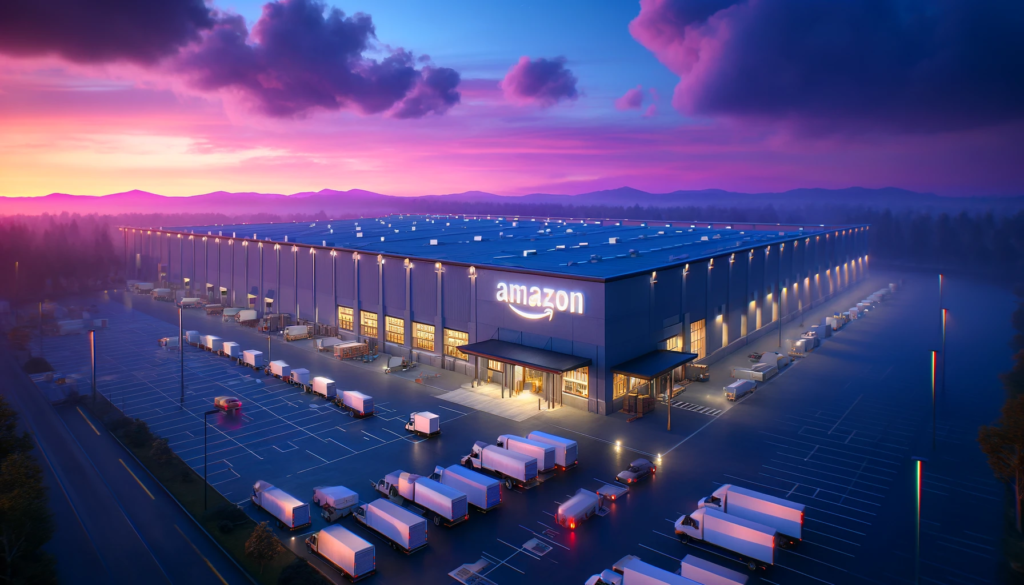 Centro de distribución de Amazon al atardecer con camiones de reparto