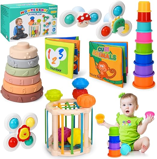 Juguetes Montessori Balnore para Bebés - Pack 6 en 1 - Caja Sensorial, Hilanderos, Libros de Tela, Anillos Apilables, Vasos Apilables