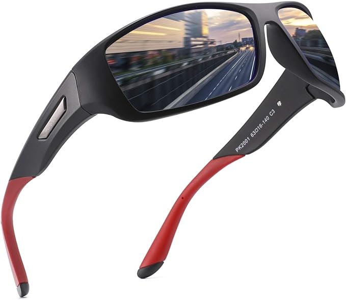 Lentes polarizados con montura aerodinámica roja y negra.